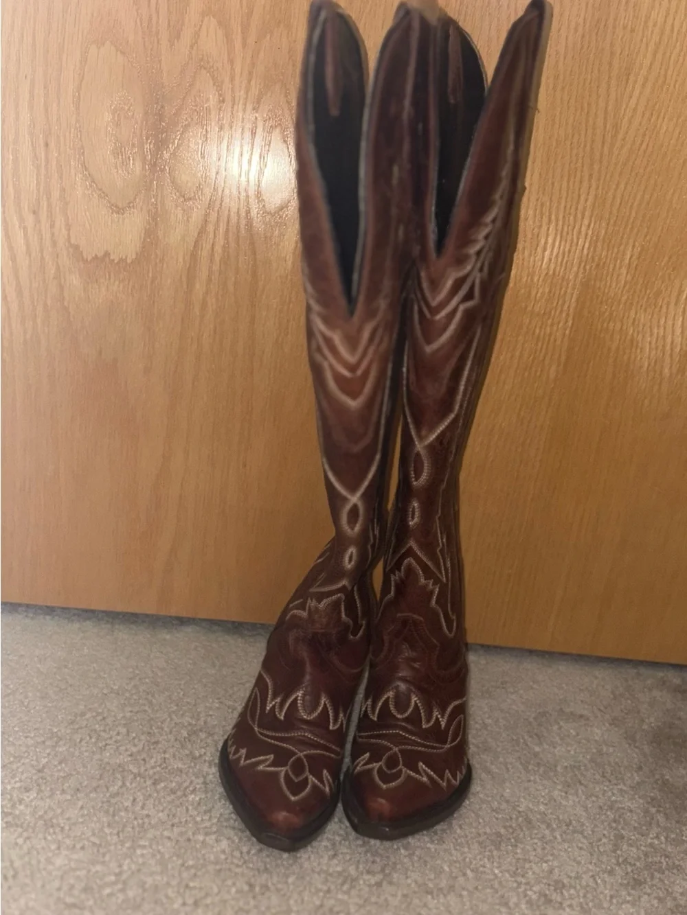 Never worn, New w/o tags Rock’em Cowboy Boots with Brown Pull Tabs over the knee